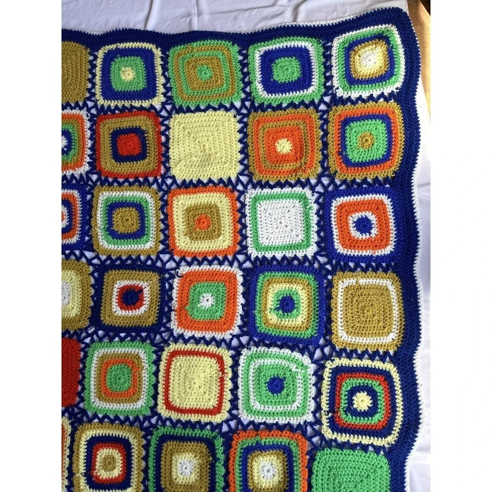 Vtg Squares Crochet Afghan 70's Granny Blanket Multicolor 43